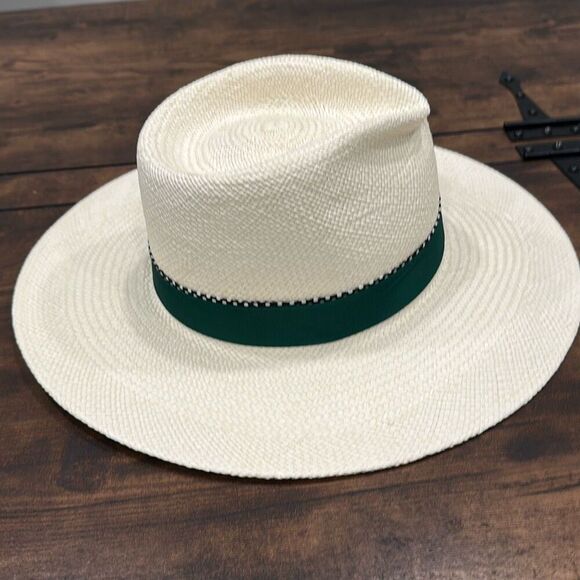 NWT B Couture Women\'s Wide Brim Feather Band Diane Panama Hat White Green 56cm/M main image 6